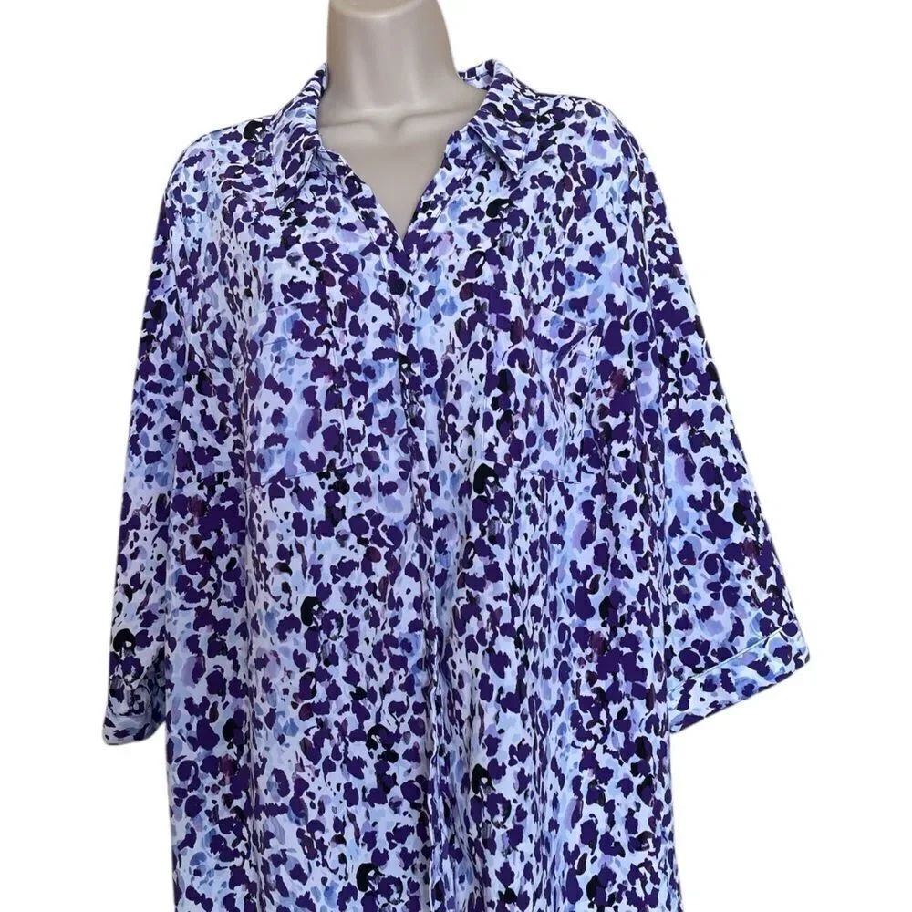 Catherines Purple and Blue Abstract Blouse 3/4 bottoms pockets silky 1X 18/20W